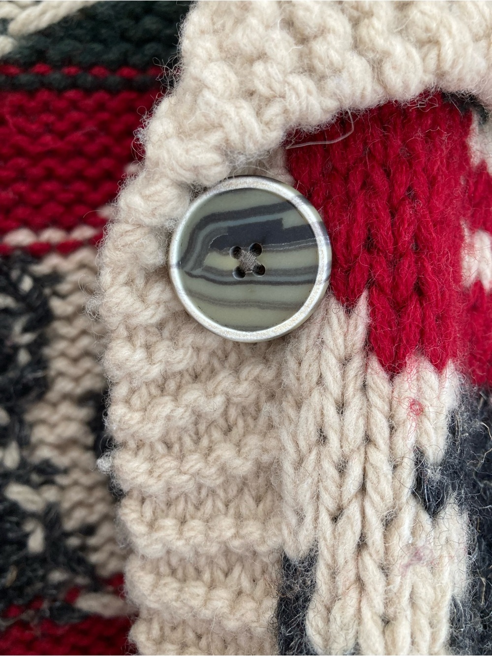 Eddie Bauer Beige Shawl Cardigan with Red & Dark Green Wool Tribal Pattern Hand - Picture 4 of 12
